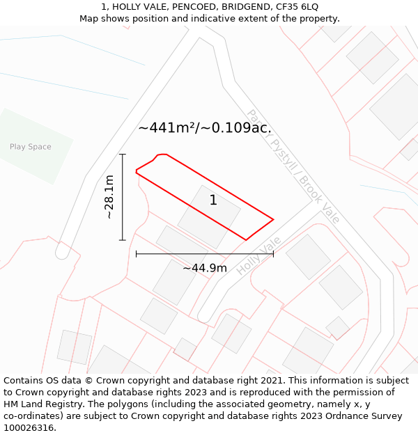 1, HOLLY VALE, PENCOED, BRIDGEND, CF35 6LQ: Plot and title map