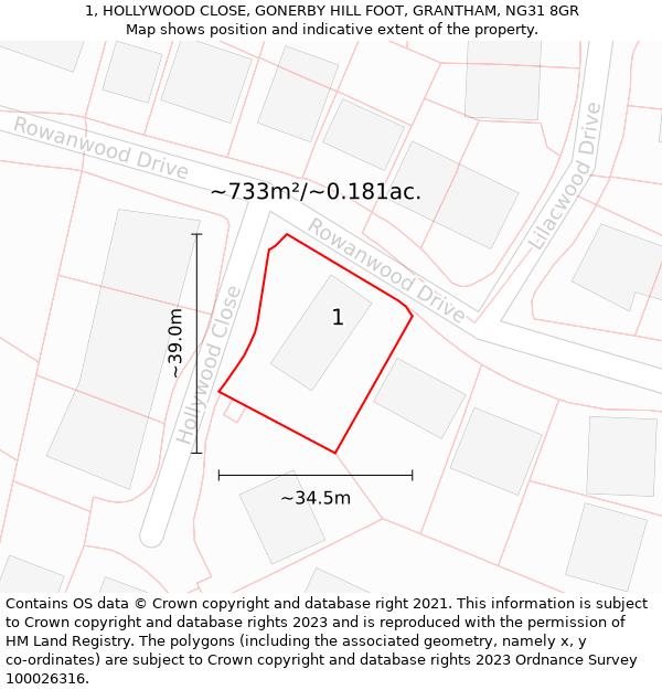 1, HOLLYWOOD CLOSE, GONERBY HILL FOOT, GRANTHAM, NG31 8GR: Plot and title map