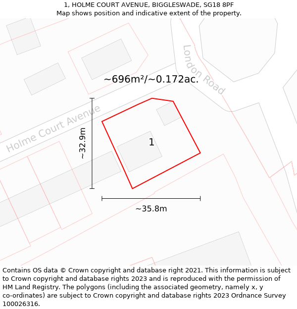 1, HOLME COURT AVENUE, BIGGLESWADE, SG18 8PF: Plot and title map