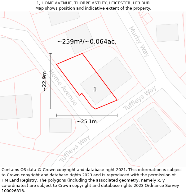 1, HOME AVENUE, THORPE ASTLEY, LEICESTER, LE3 3UR: Plot and title map