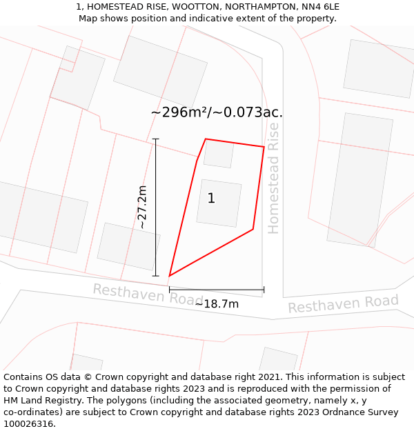 1, HOMESTEAD RISE, WOOTTON, NORTHAMPTON, NN4 6LE: Plot and title map