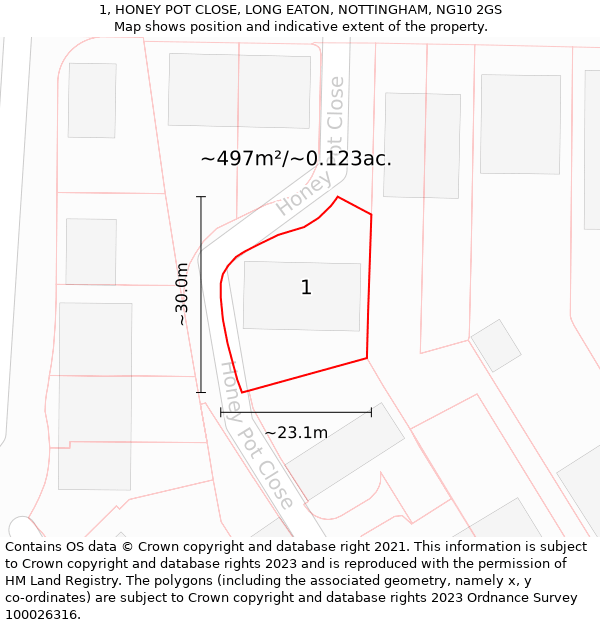 1, HONEY POT CLOSE, LONG EATON, NOTTINGHAM, NG10 2GS: Plot and title map