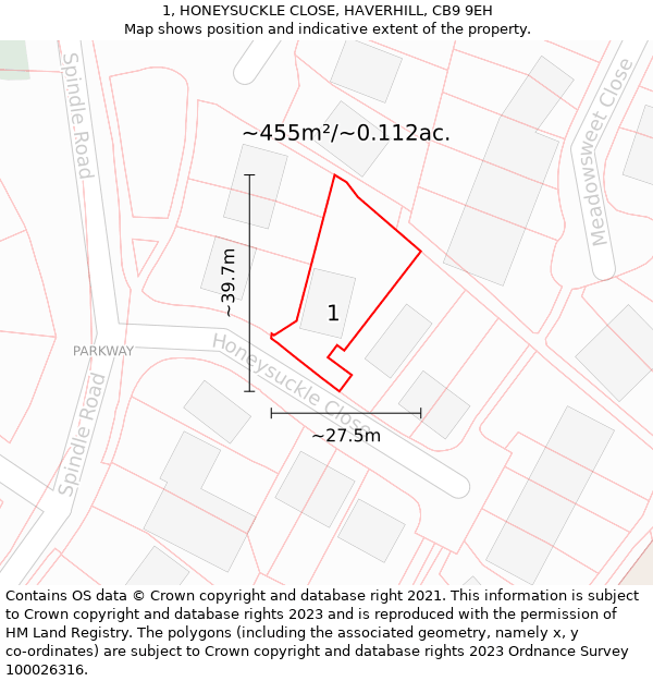 1, HONEYSUCKLE CLOSE, HAVERHILL, CB9 9EH: Plot and title map