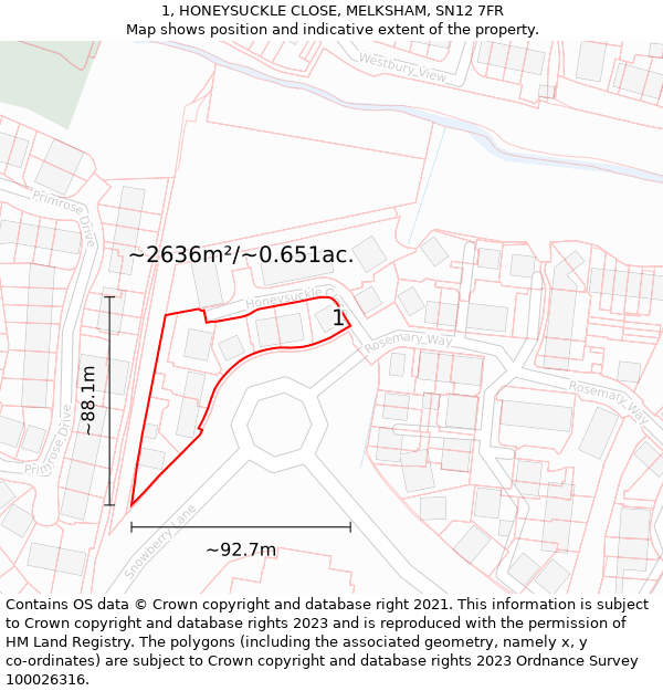 1, HONEYSUCKLE CLOSE, MELKSHAM, SN12 7FR: Plot and title map