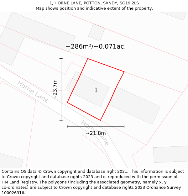 1, HORNE LANE, POTTON, SANDY, SG19 2LS: Plot and title map