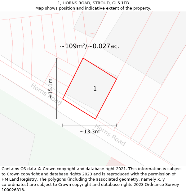 1, HORNS ROAD, STROUD, GL5 1EB: Plot and title map