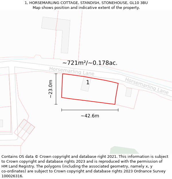 1, HORSEMARLING COTTAGE, STANDISH, STONEHOUSE, GL10 3BU: Plot and title map