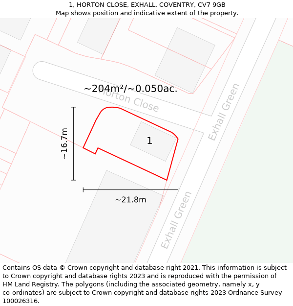 1, HORTON CLOSE, EXHALL, COVENTRY, CV7 9GB: Plot and title map