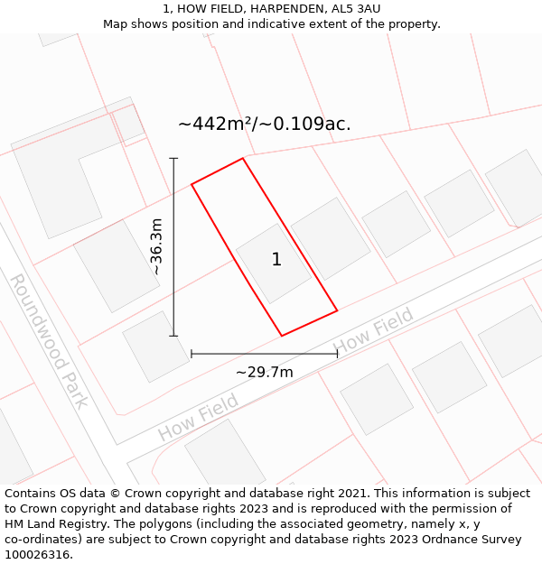 1, HOW FIELD, HARPENDEN, AL5 3AU: Plot and title map