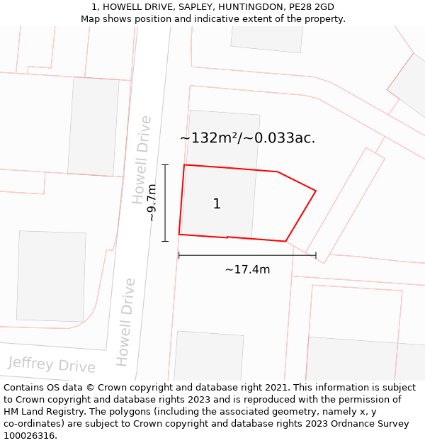 1, HOWELL DRIVE, SAPLEY, HUNTINGDON, PE28 2GD: Plot and title map