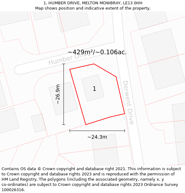 1, HUMBER DRIVE, MELTON MOWBRAY, LE13 0HH: Plot and title map