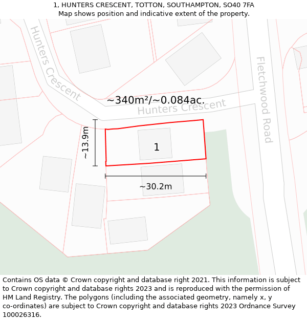 1, HUNTERS CRESCENT, TOTTON, SOUTHAMPTON, SO40 7FA: Plot and title map