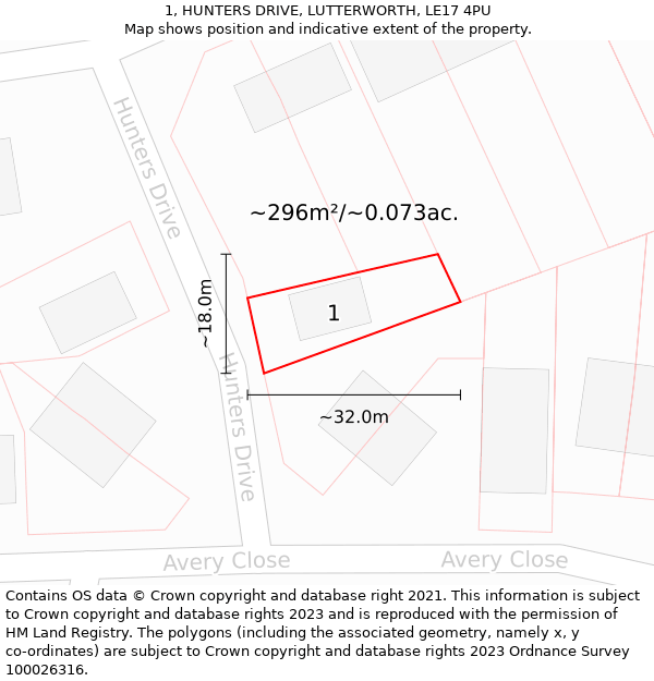 1, HUNTERS DRIVE, LUTTERWORTH, LE17 4PU: Plot and title map