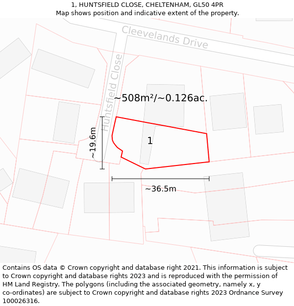 1, HUNTSFIELD CLOSE, CHELTENHAM, GL50 4PR: Plot and title map