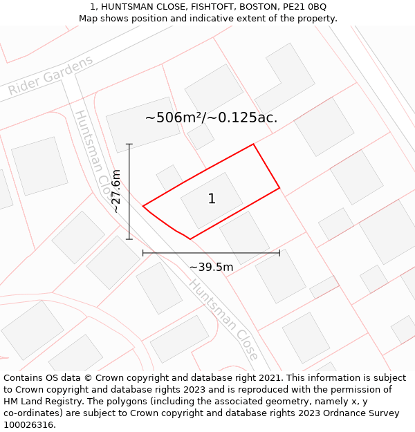 1, HUNTSMAN CLOSE, FISHTOFT, BOSTON, PE21 0BQ: Plot and title map