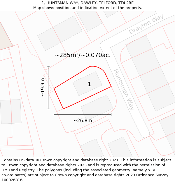 1, HUNTSMAN WAY, DAWLEY, TELFORD, TF4 2RE: Plot and title map