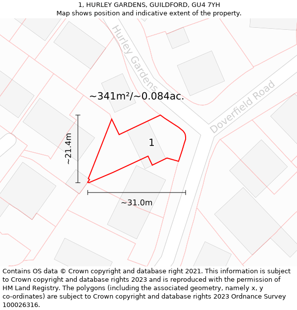 1, HURLEY GARDENS, GUILDFORD, GU4 7YH: Plot and title map