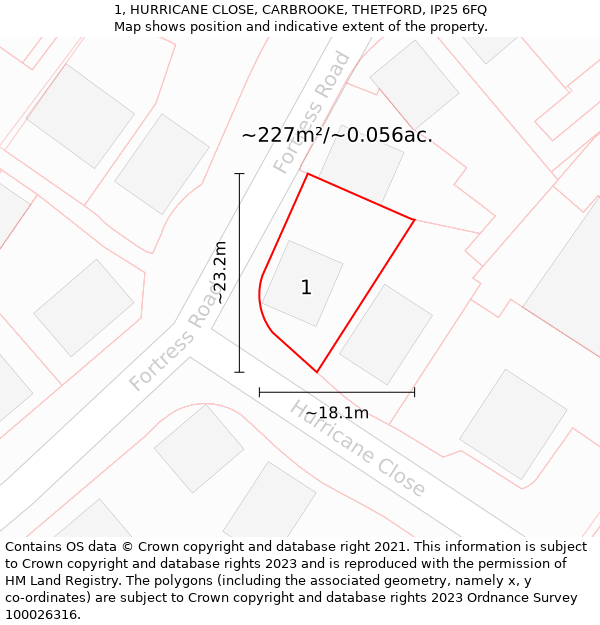 1, HURRICANE CLOSE, CARBROOKE, THETFORD, IP25 6FQ: Plot and title map