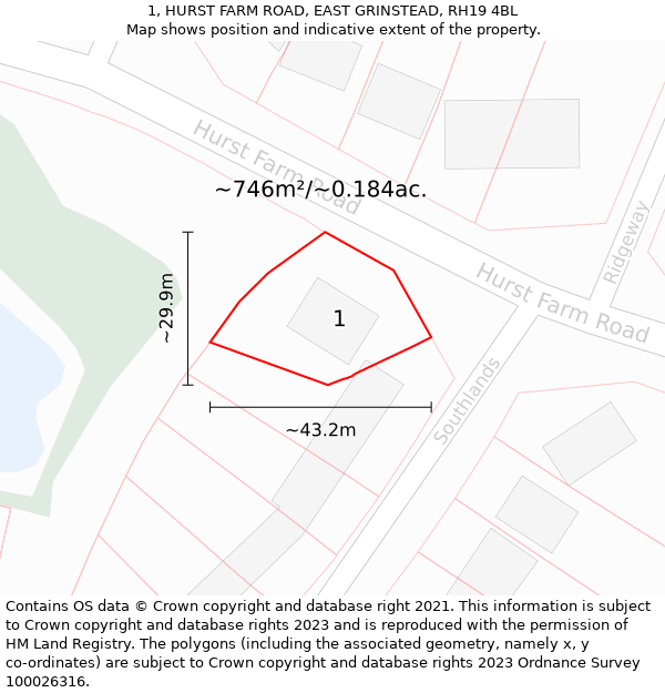 1, HURST FARM ROAD, EAST GRINSTEAD, RH19 4BL: Plot and title map
