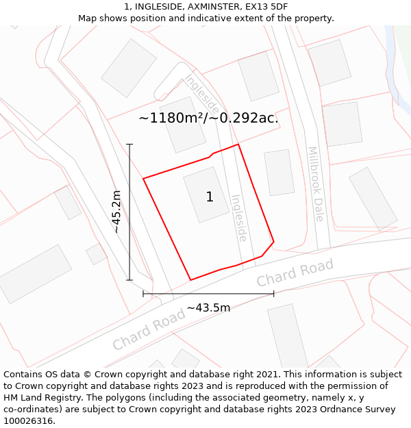 1, INGLESIDE, AXMINSTER, EX13 5DF: Plot and title map