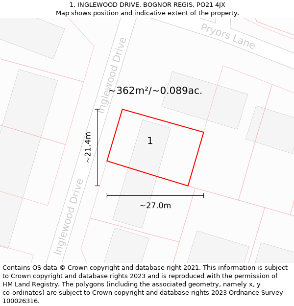 1, INGLEWOOD DRIVE, BOGNOR REGIS, PO21 4JX: Plot and title map