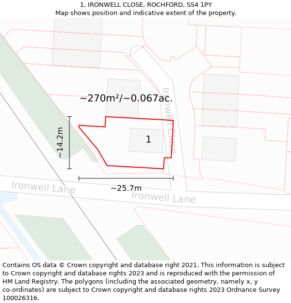 1, IRONWELL CLOSE, ROCHFORD, SS4 1PY: Plot and title map