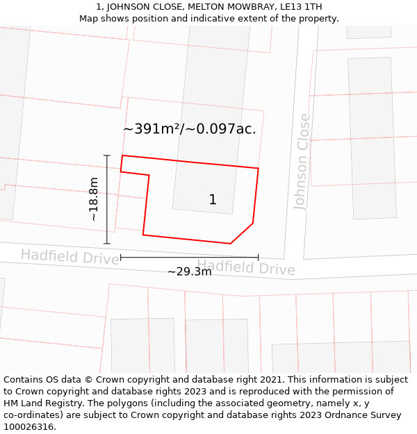 1, JOHNSON CLOSE, MELTON MOWBRAY, LE13 1TH: Plot and title map