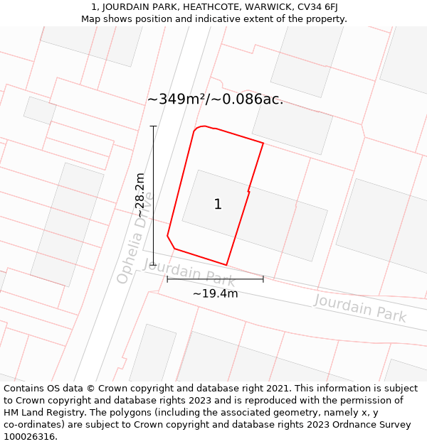 1, JOURDAIN PARK, HEATHCOTE, WARWICK, CV34 6FJ: Plot and title map