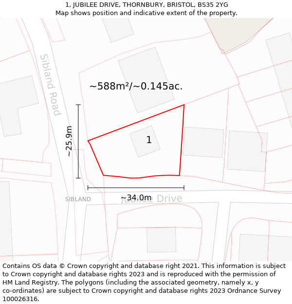 1, JUBILEE DRIVE, THORNBURY, BRISTOL, BS35 2YG: Plot and title map