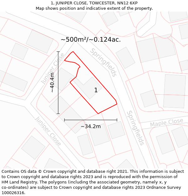 1, JUNIPER CLOSE, TOWCESTER, NN12 6XP: Plot and title map