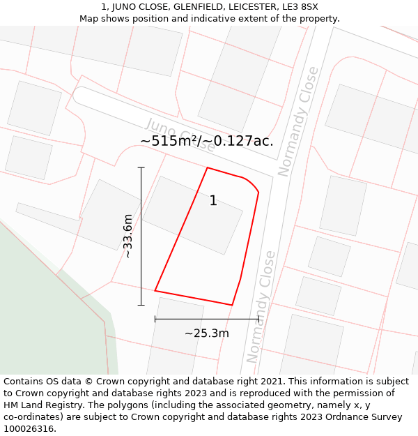 1, JUNO CLOSE, GLENFIELD, LEICESTER, LE3 8SX: Plot and title map