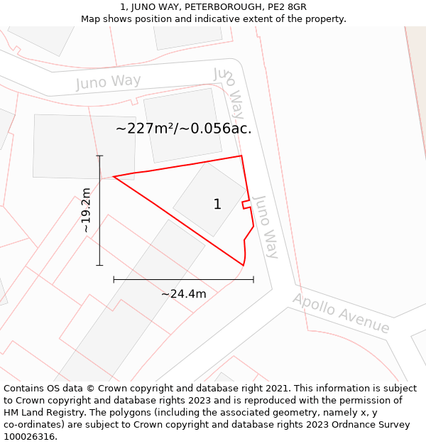 1, JUNO WAY, PETERBOROUGH, PE2 8GR: Plot and title map