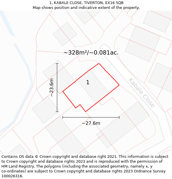 1, KABALE CLOSE, TIVERTON, EX16 5QB: Plot and title map