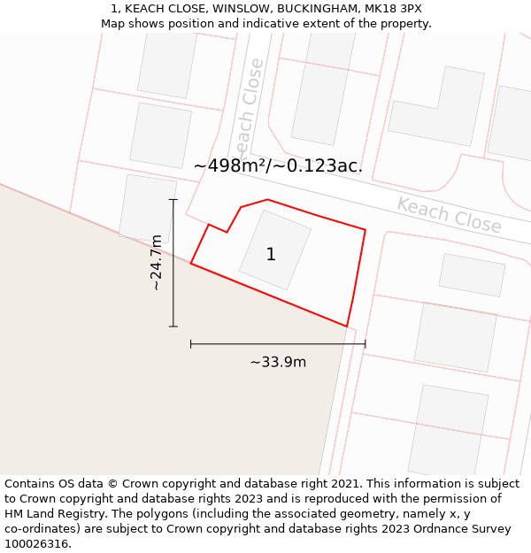 1, KEACH CLOSE, WINSLOW, BUCKINGHAM, MK18 3PX: Plot and title map