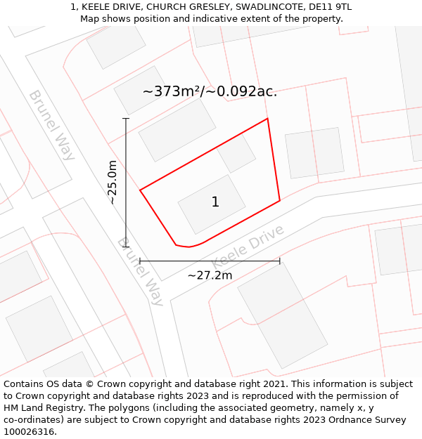 1, KEELE DRIVE, CHURCH GRESLEY, SWADLINCOTE, DE11 9TL: Plot and title map