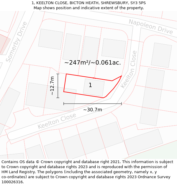 1, KEELTON CLOSE, BICTON HEATH, SHREWSBURY, SY3 5PS: Plot and title map