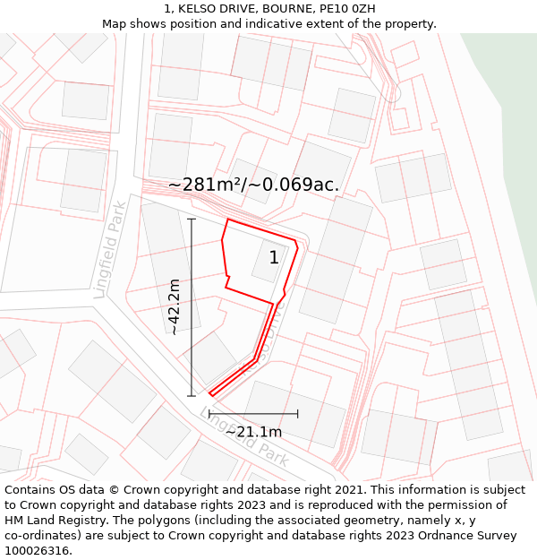 1, KELSO DRIVE, BOURNE, PE10 0ZH: Plot and title map