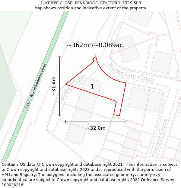 1, KEMPE CLOSE, PENKRIDGE, STAFFORD, ST19 5PB: Plot and title map