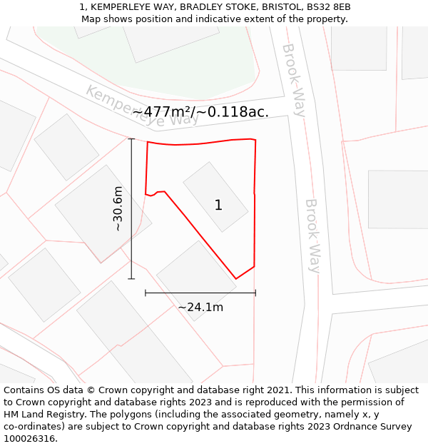 1, KEMPERLEYE WAY, BRADLEY STOKE, BRISTOL, BS32 8EB: Plot and title map