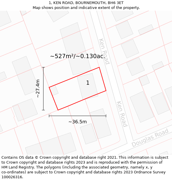 1, KEN ROAD, BOURNEMOUTH, BH6 3ET: Plot and title map