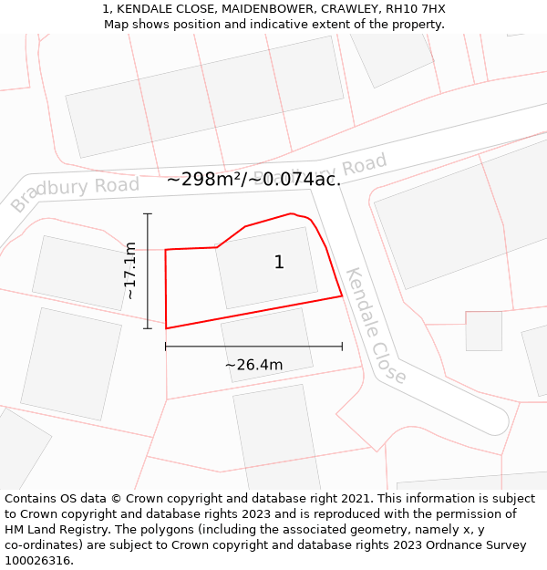 1, KENDALE CLOSE, MAIDENBOWER, CRAWLEY, RH10 7HX: Plot and title map