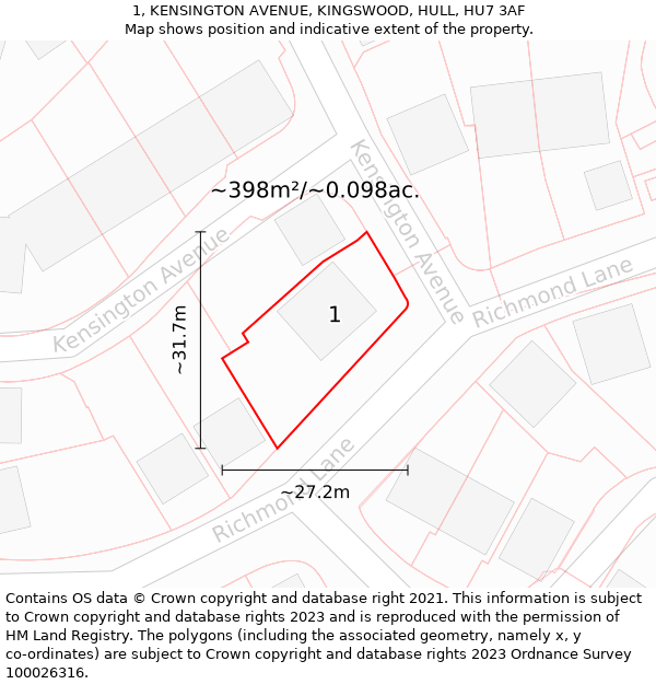 1, KENSINGTON AVENUE, KINGSWOOD, HULL, HU7 3AF: Plot and title map