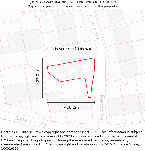 1, KESTON WAY, RAUNDS, WELLINGBOROUGH, NN9 6RR: Plot and title map