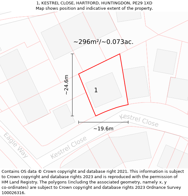 1, KESTREL CLOSE, HARTFORD, HUNTINGDON, PE29 1XD: Plot and title map