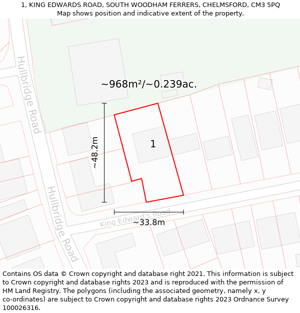 1, KING EDWARDS ROAD, SOUTH WOODHAM FERRERS, CHELMSFORD, CM3 5PQ: Plot and title map