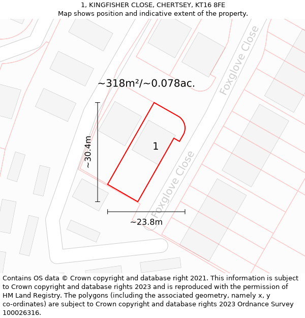 1, KINGFISHER CLOSE, CHERTSEY, KT16 8FE: Plot and title map