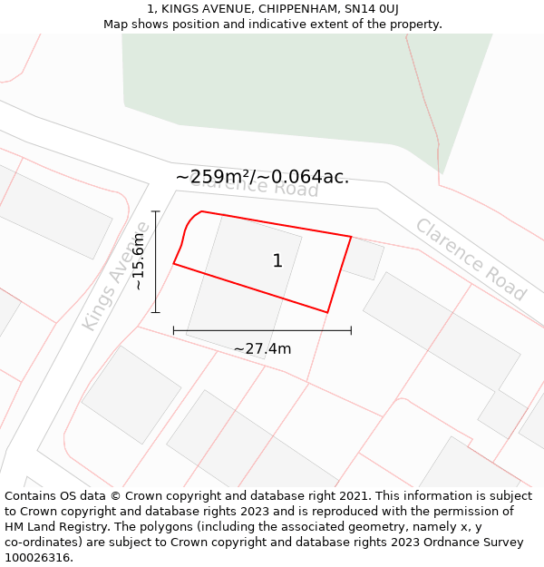 1, KINGS AVENUE, CHIPPENHAM, SN14 0UJ: Plot and title map