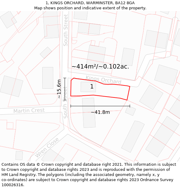 1, KINGS ORCHARD, WARMINSTER, BA12 8GA: Plot and title map