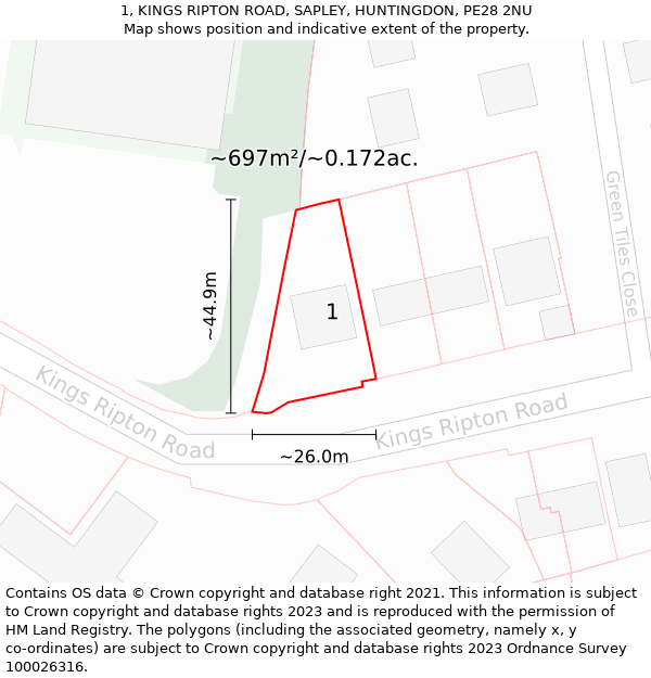 1, KINGS RIPTON ROAD, SAPLEY, HUNTINGDON, PE28 2NU: Plot and title map