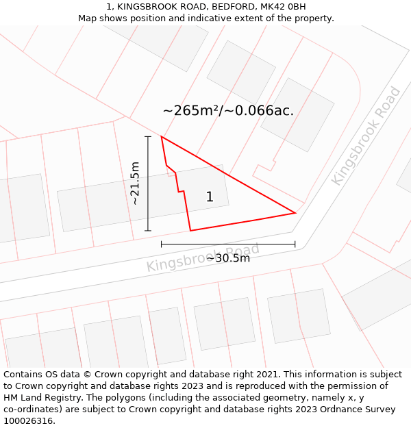 1, KINGSBROOK ROAD, BEDFORD, MK42 0BH: Plot and title map